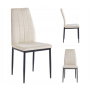 Beżowe krzesło welurowe Glamour Furnitex z pionowymi przeszyciami na oparciu i smukłymi czarnymi nogami.