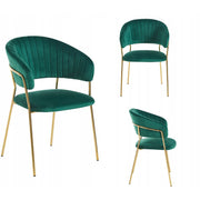 Eleganckie krzesło welurowe w kolorze zielonym na złotych nogach w stylu glamour do nowoczesnego salonu i jadalni.