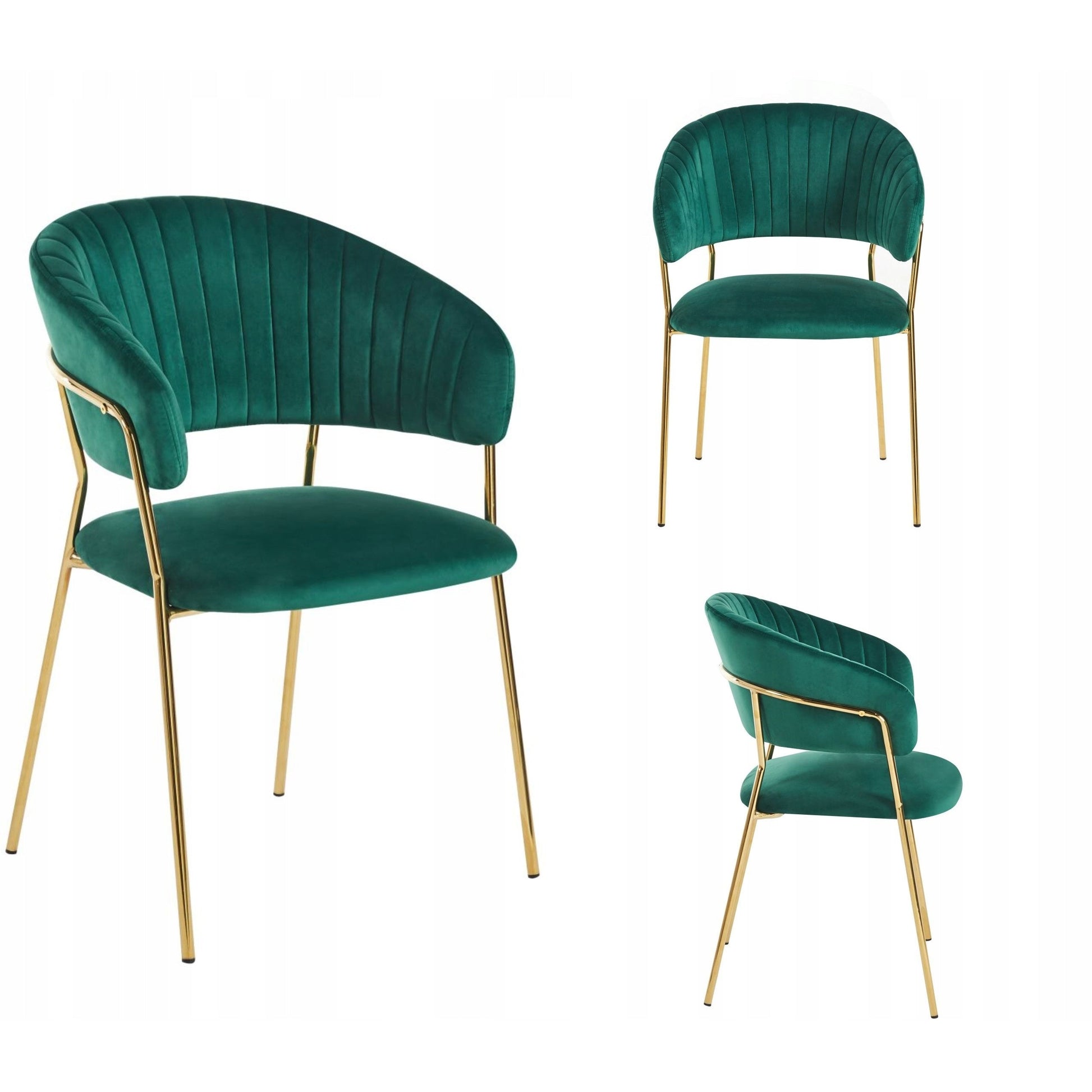 Eleganckie krzesło welurowe w kolorze zielonym na złotych nogach w stylu glamour do nowoczesnego salonu i jadalni.