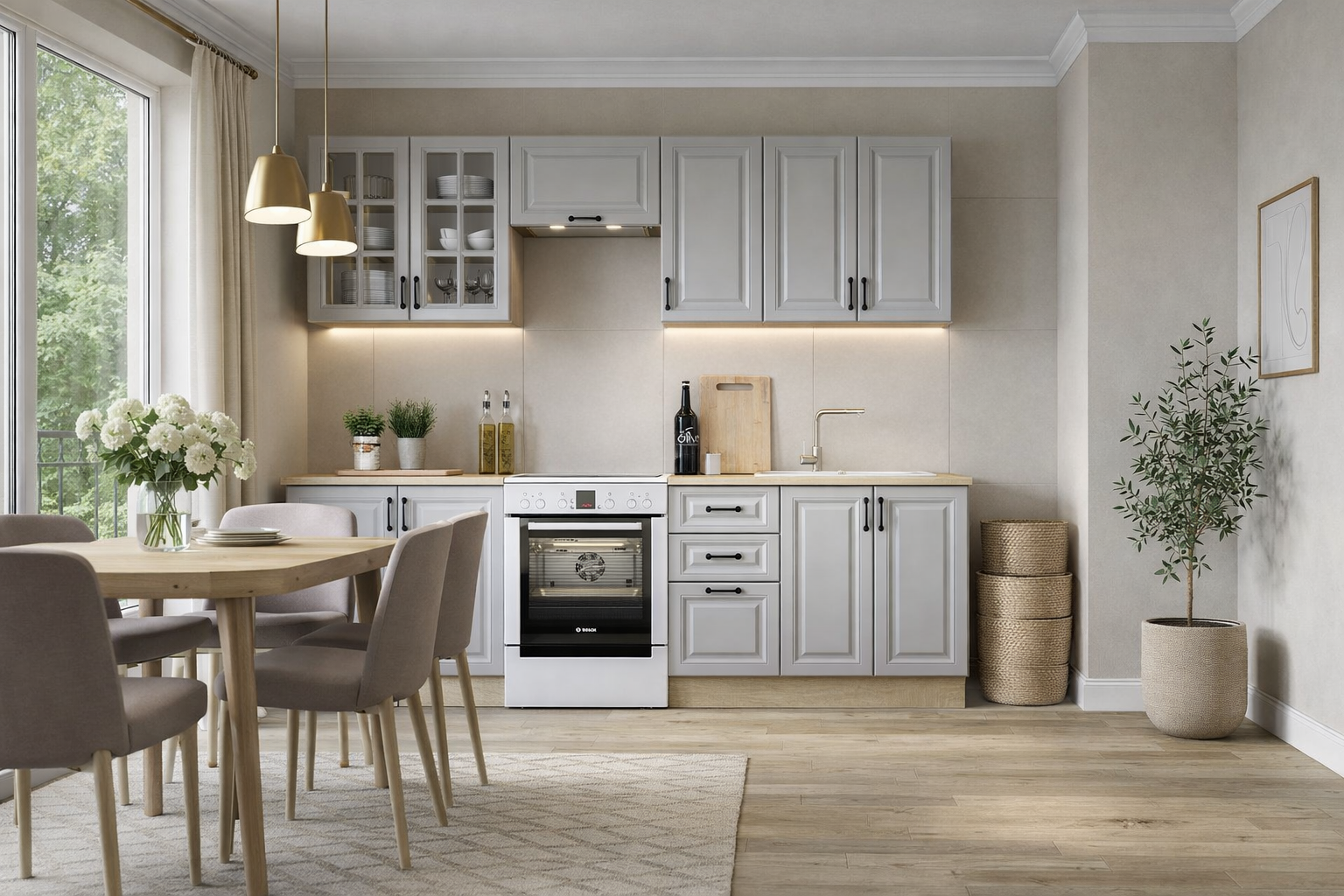 Kuchnia BIG BEN kompletny zestaw 240 cm - kolor blatu jasny dąb, front jasny popiel