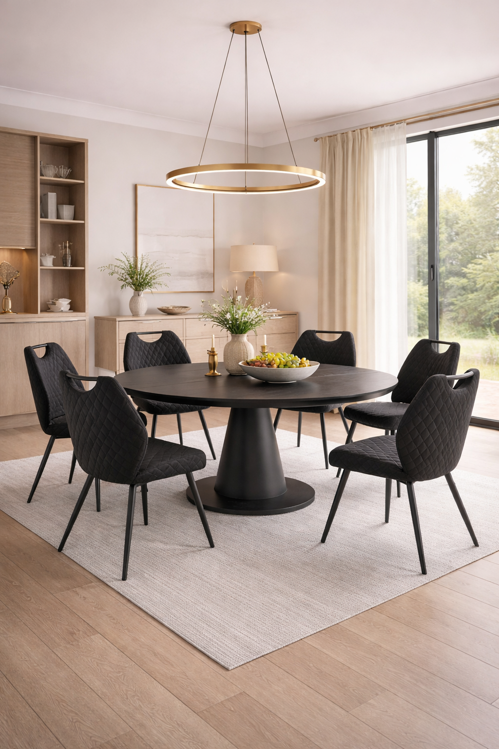 Krzesło MORGAN – eleganckie tapicerowane krzesło w głębokiej czerni w nowoczesnej przestrzeni jadalni.