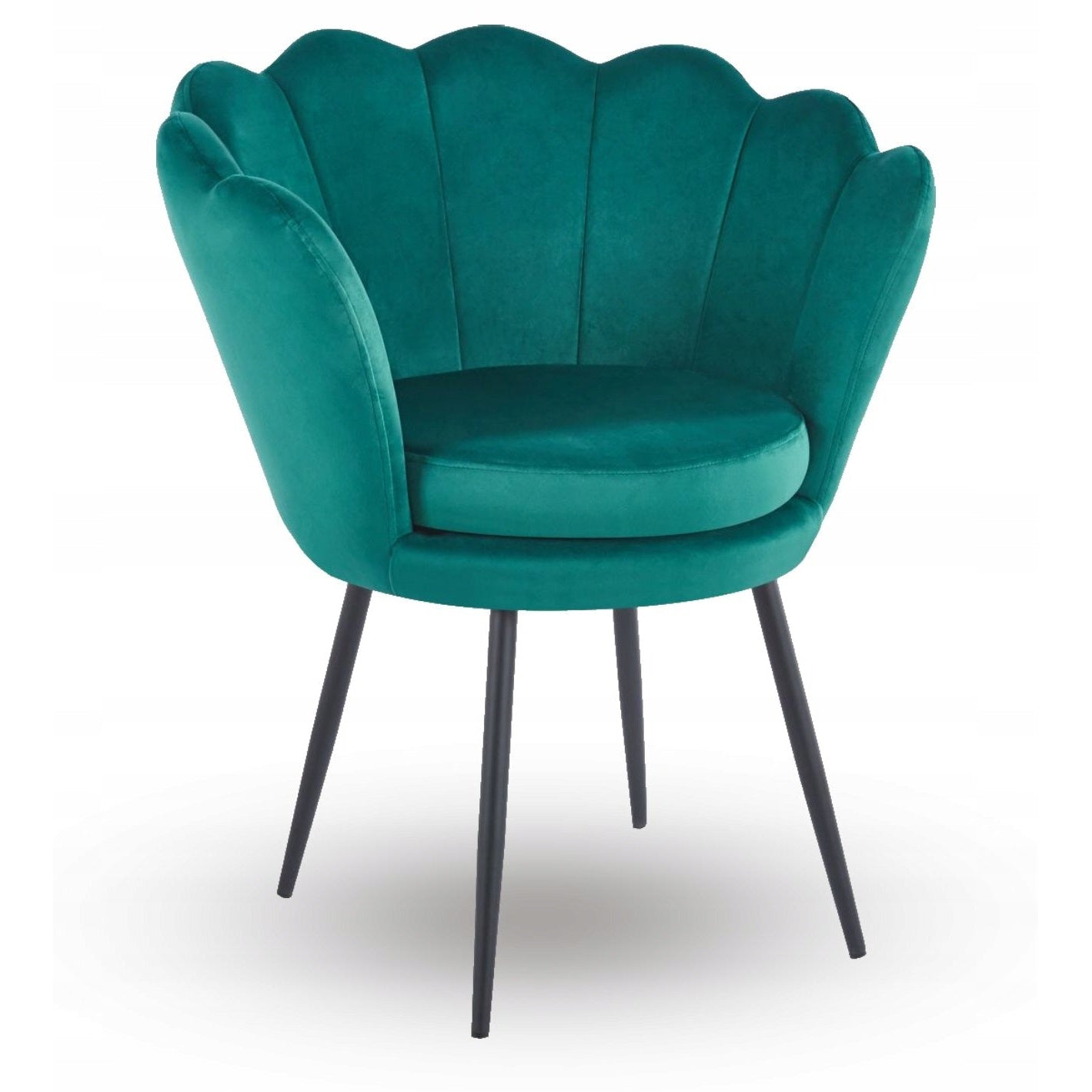 Nowoczesny fotel welurowy w kolorze butelkowej zieleni z czarnymi nogami i wyprofilowanym oparciem w kształcie muszli