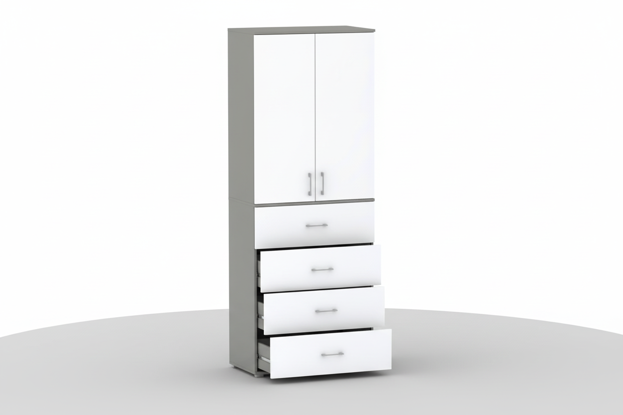 Regał POLA 215 z 4 szufladami, drzwiami i zmienną szerokością, szaro-biały