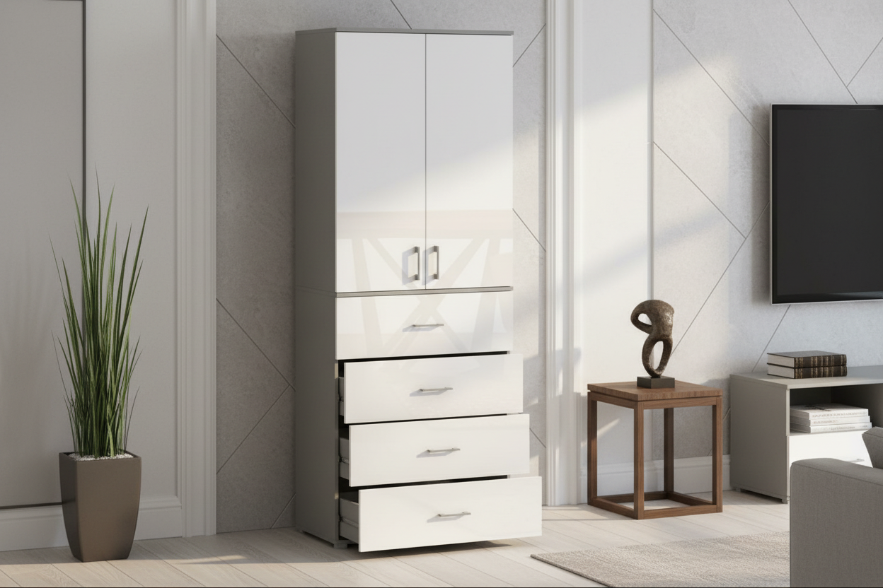 Regał POLA 215 z czterema szufladami i drzwiami Szary Połysk