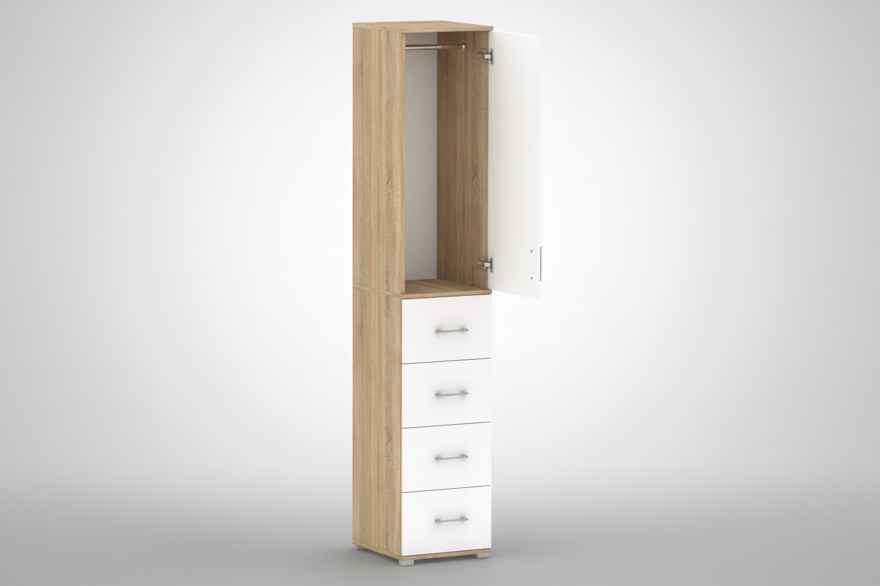Szafa na ubrania Pola 215 cm z drążkiem i 4 szufladami, Dąb Sonoma/Białe drzwi