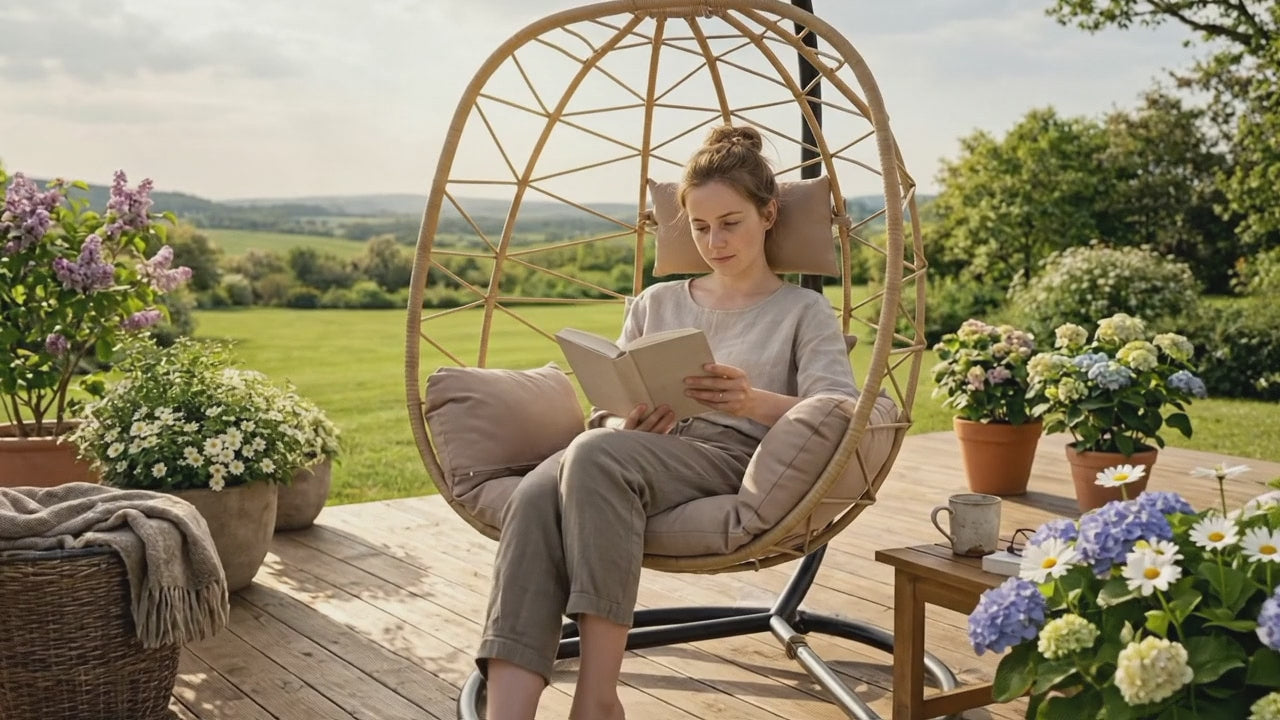 Załaduj wideo: Kobieta czytająca książkę na fotelu ogrodowym JASKÓŁKA - kolor beżowy