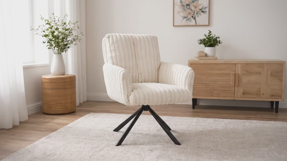 Załaduj wideo: Krzesło Blanka – kremowe krzesło obrotowe 180° do jadalni biura i salonu