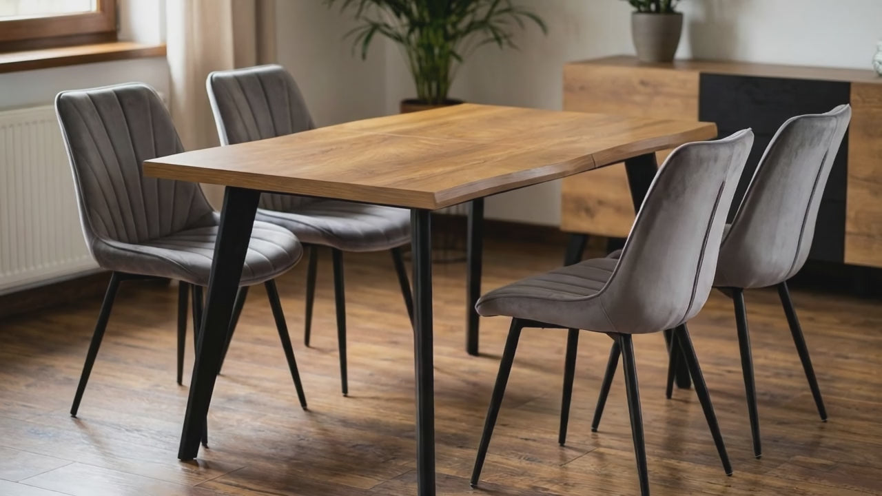 Załaduj wideo: Zestaw: Stół Rozkładany Vega  + 4 Krzesła Welurowe Ara (Popielate)