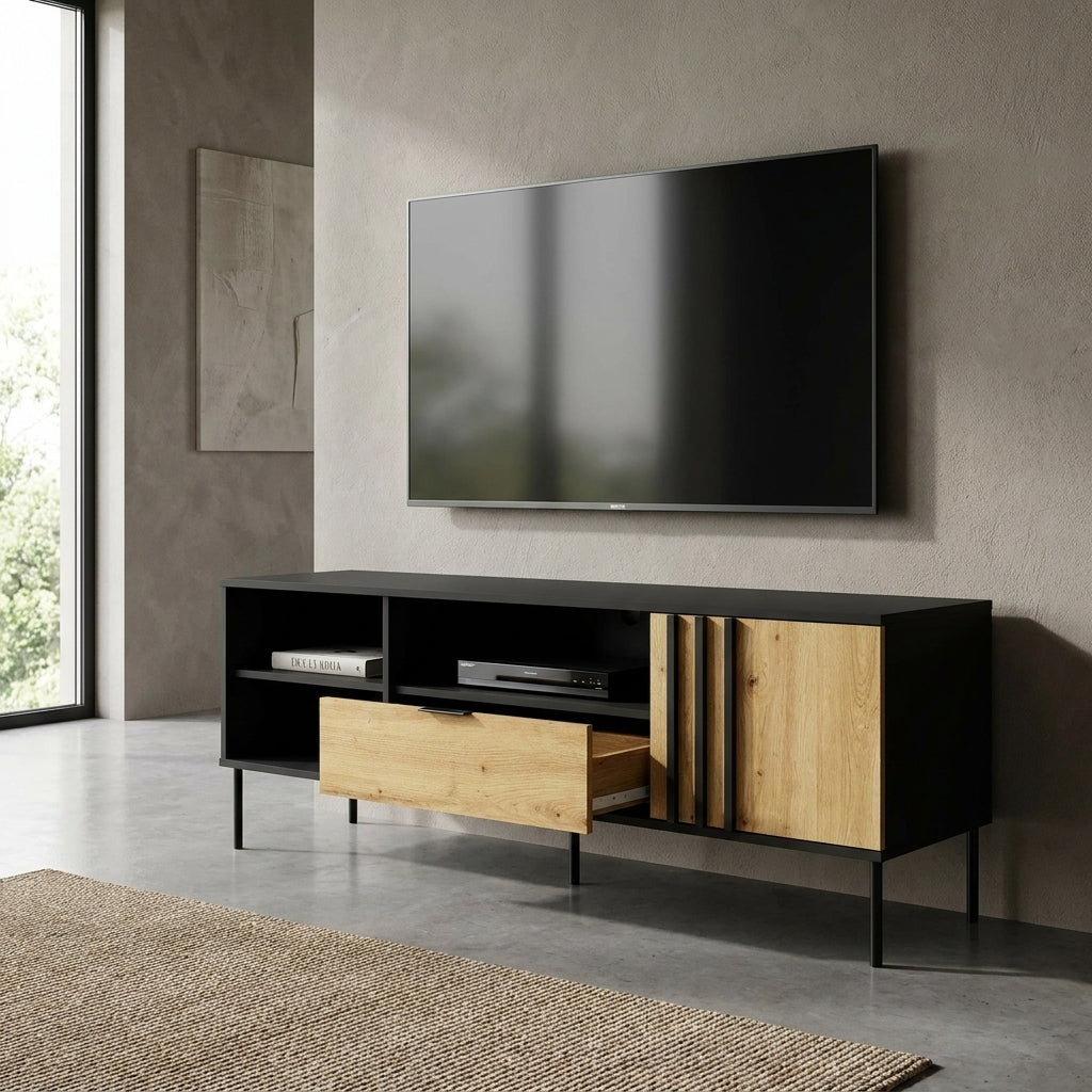 Szafka RTV LUMINA 160 cm - Czarny Onyx / Dąb Artisan
