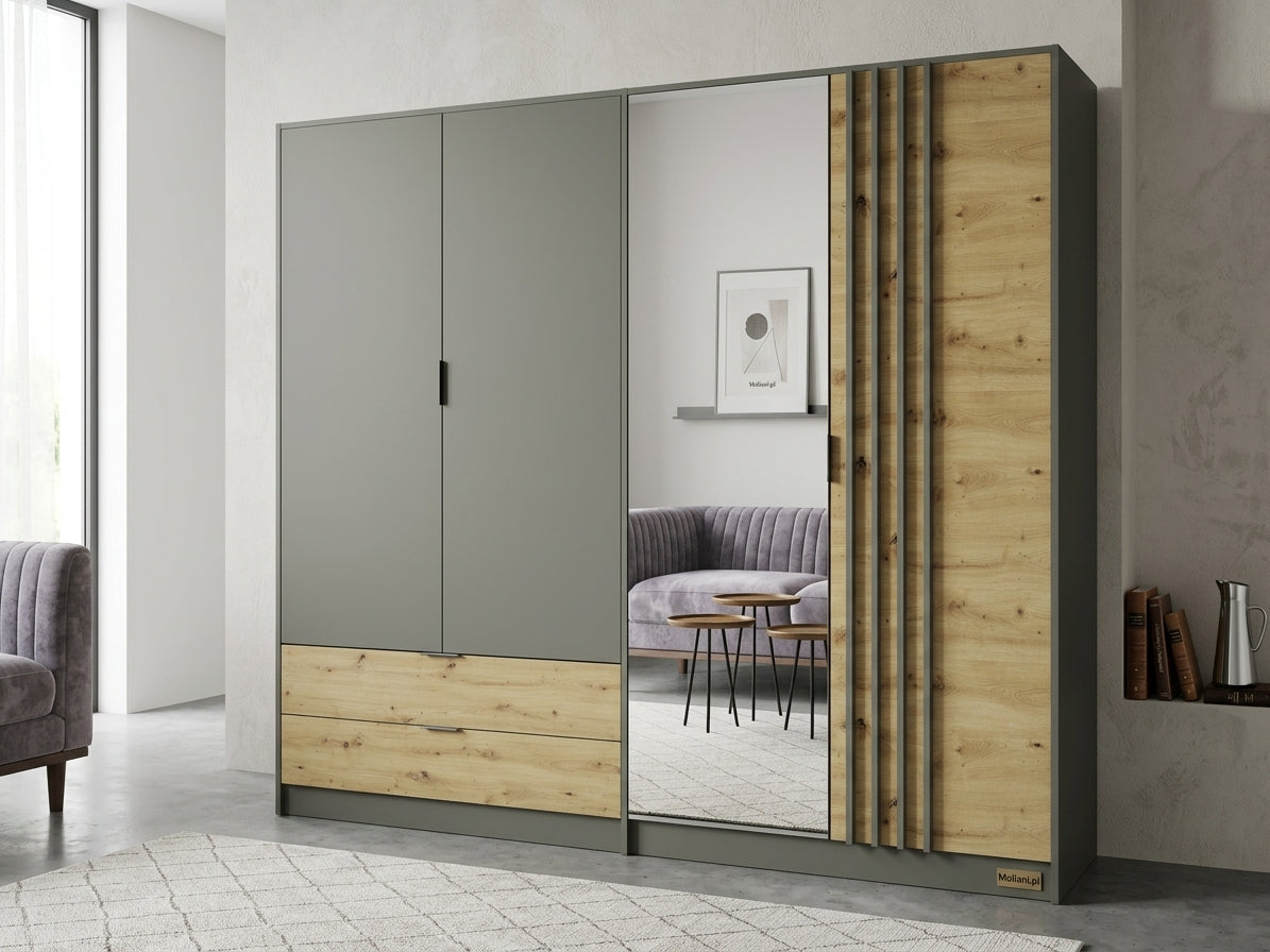 Szafa czterodrzwiowa LUMINA 220 cm - Szary Grafit / Dąb Artisan