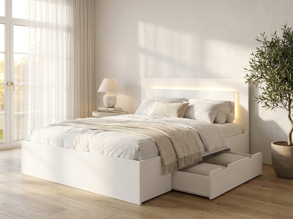 Łóżko 140x200 SIRIUS z szufladami i LED - Biały