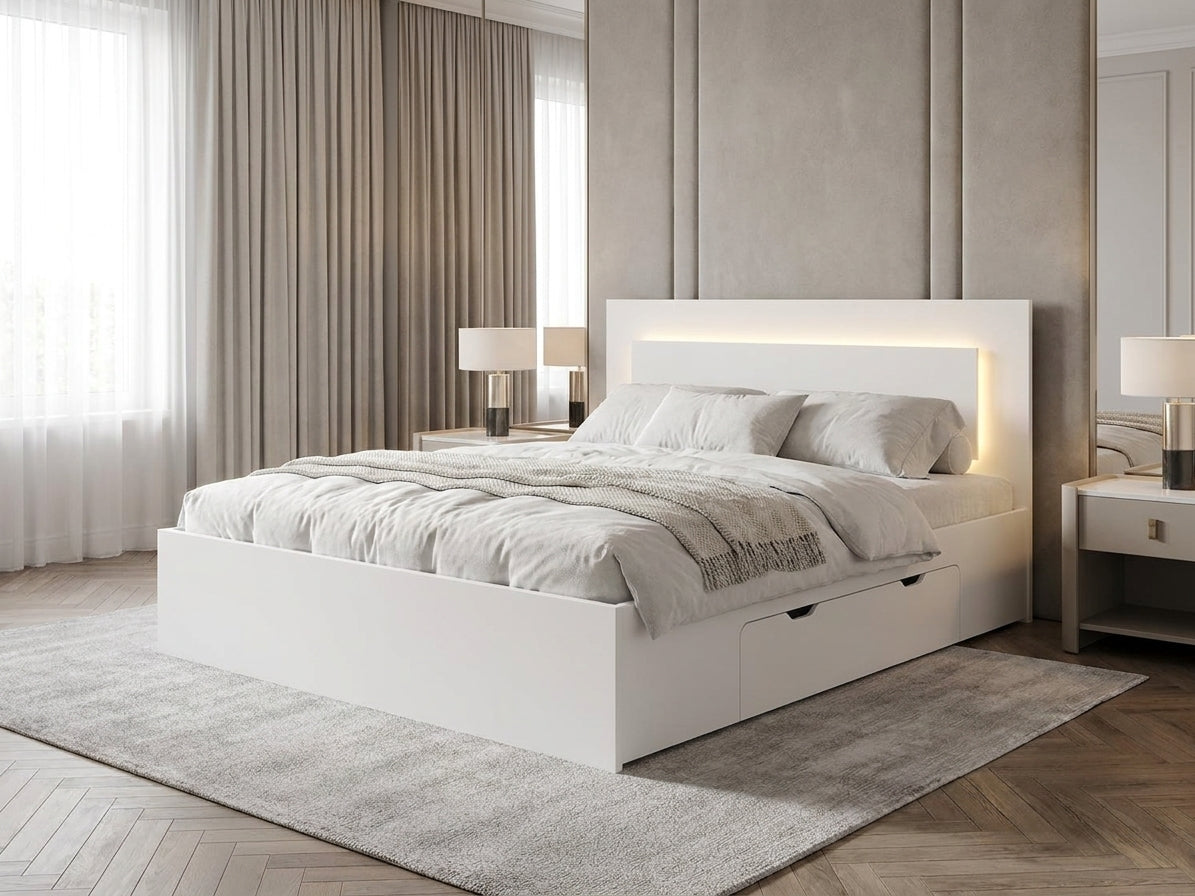 Łóżko 140x200 SIRIUS z szufladami i LED - Biały