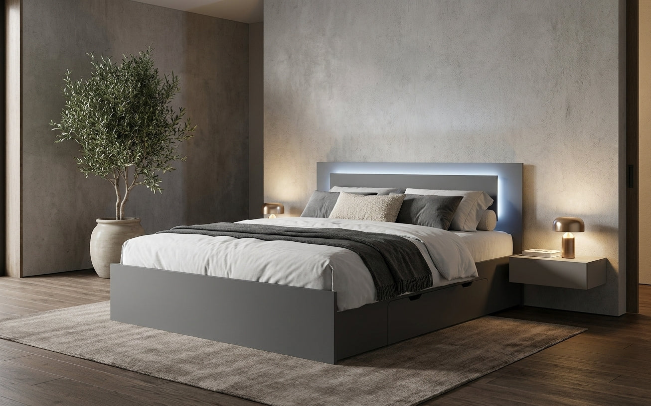 Łóżko 180x200 SIRIUS z szufladami i LED - Szary Grafit