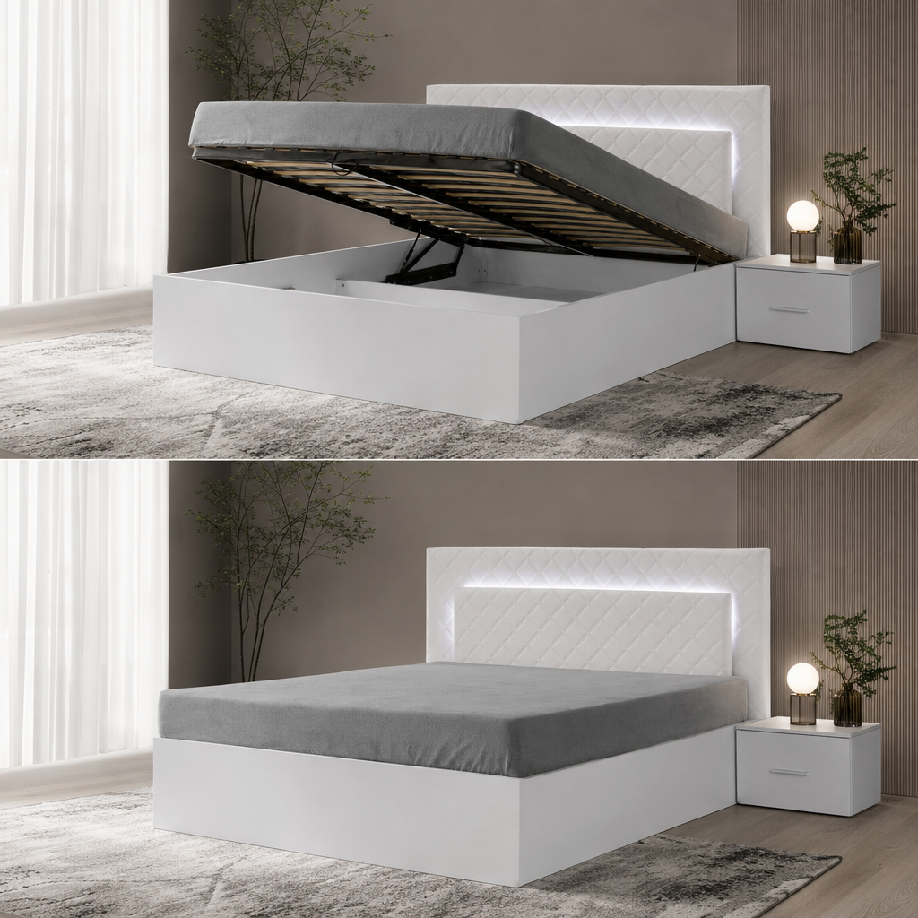 Łóżko 180x200 ADIL z pojemnikiem i LED - Biały Alpejski