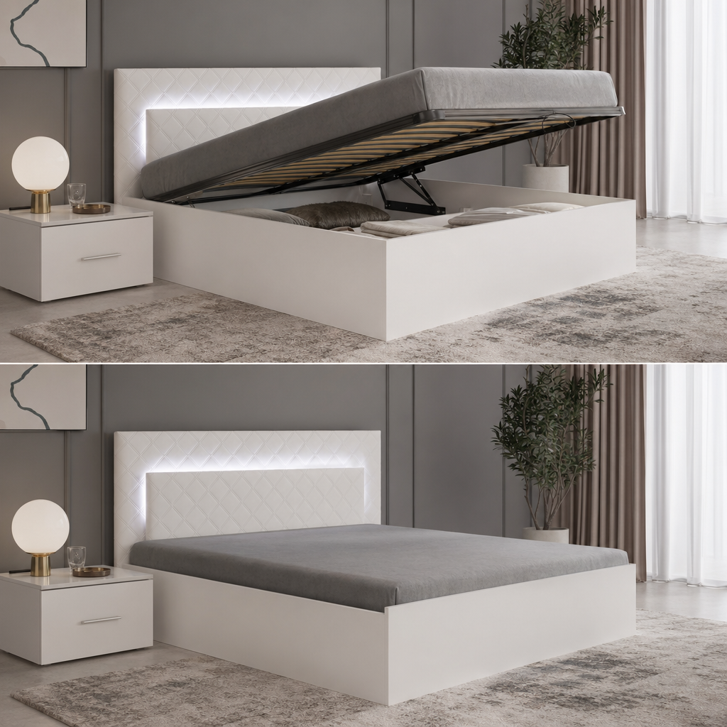 Łóżko 160x200 ADIL z pojemnikiem i LED - Biały Alpejski