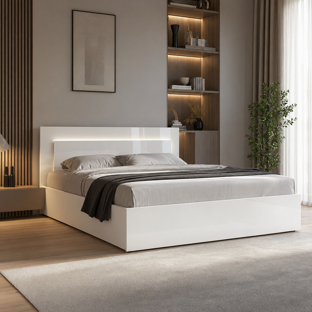 Łóżko 160x200 AURORA z oświetleniem LED - Biały aplejski