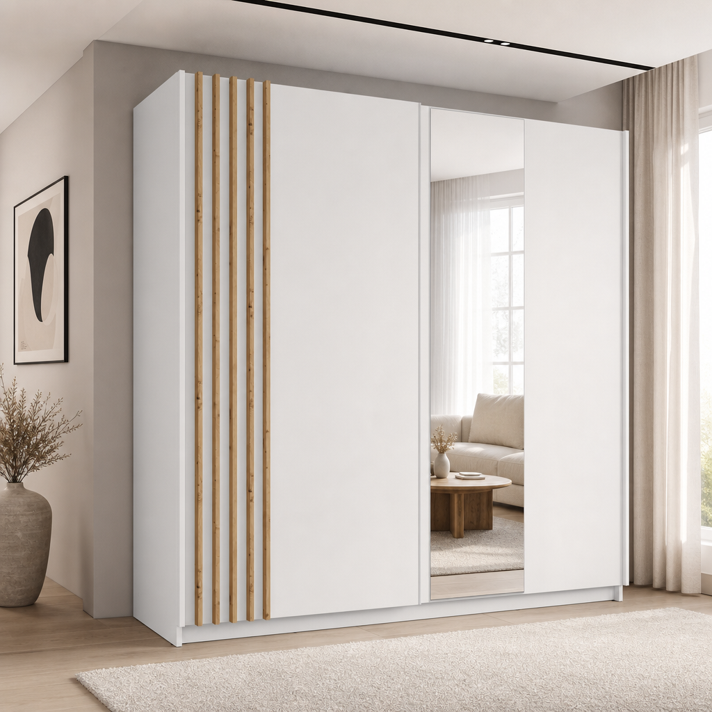 Szafa przesuwna AXION 200 cm z lustrem - Biały / Dąb Artisan