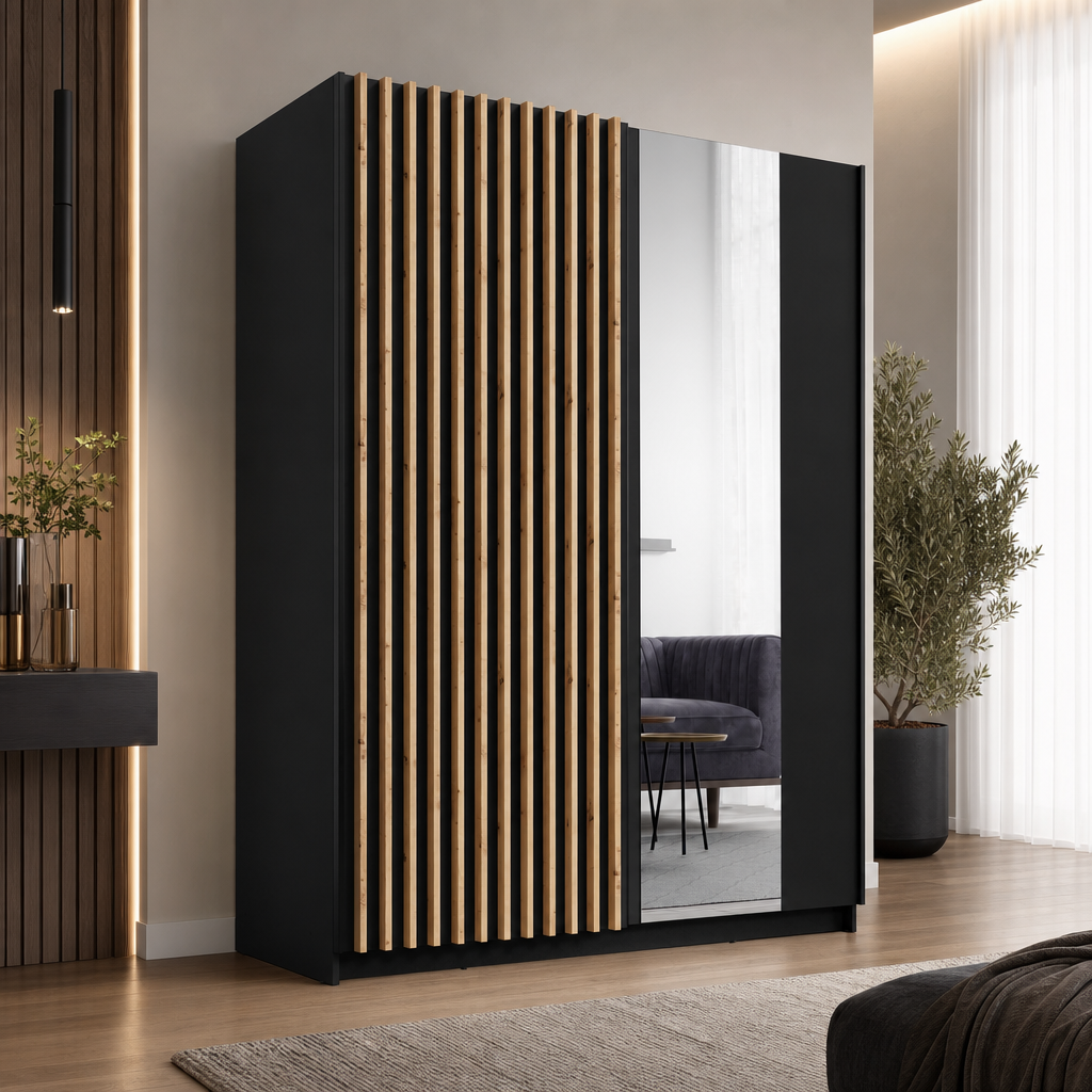 Szafa przesuwna AXION 150 cm z lustrem i lamelami - Czarny / Dąb Artisan