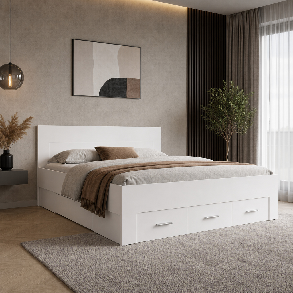 Łóżko 180x200 RIVIERA z szufladami - Kolor Biały