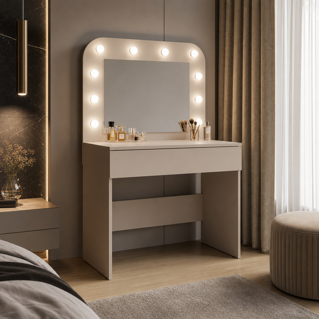 Toaletka GLAM z lustrem i oświetleniem LED - Kaszmirowy Beż