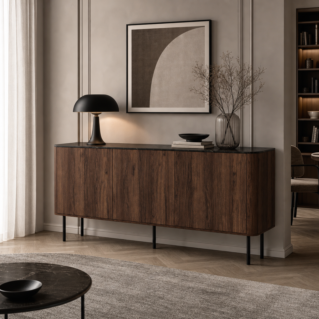 Komoda ALIOT 160 cm - Kolor Orzech / Czarny Marmur