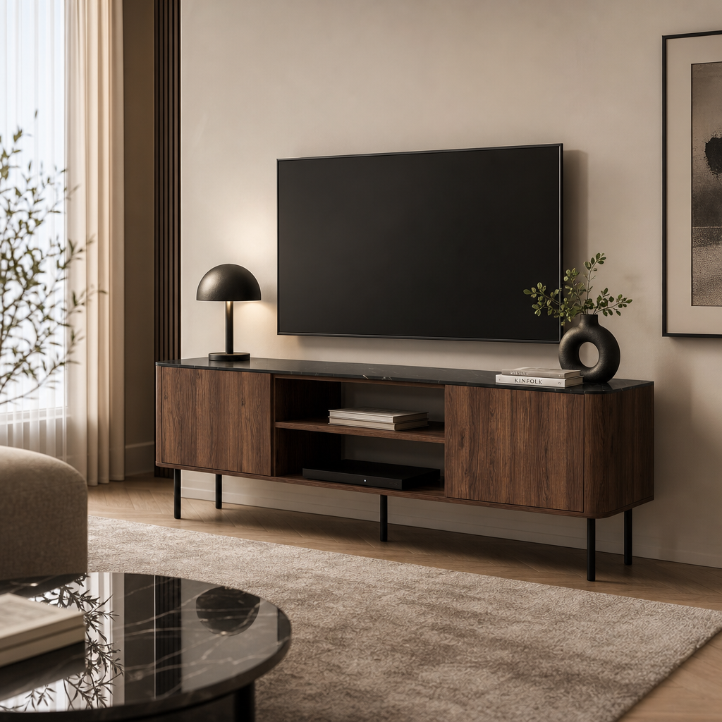 Stolik RTV ALIOT 150 cm - Kolor Orzech / Czarny Marmur