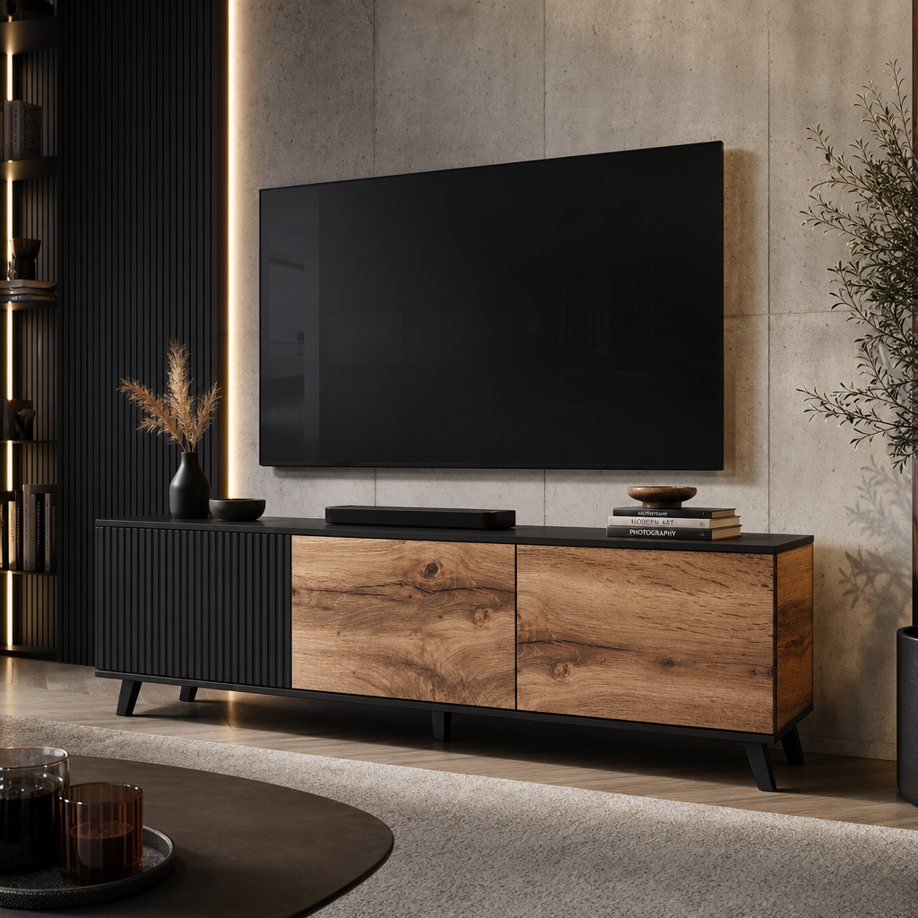 Stolik RTV MEROPE 180 cm - Dąb Wotan / Czarny