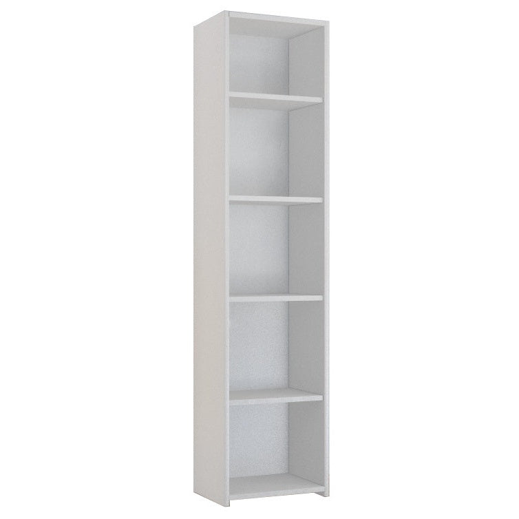 Wąski biały regał Asia z laminowanej płyty o minimalistycznym designie z pięcioma praktycznymi półkami.