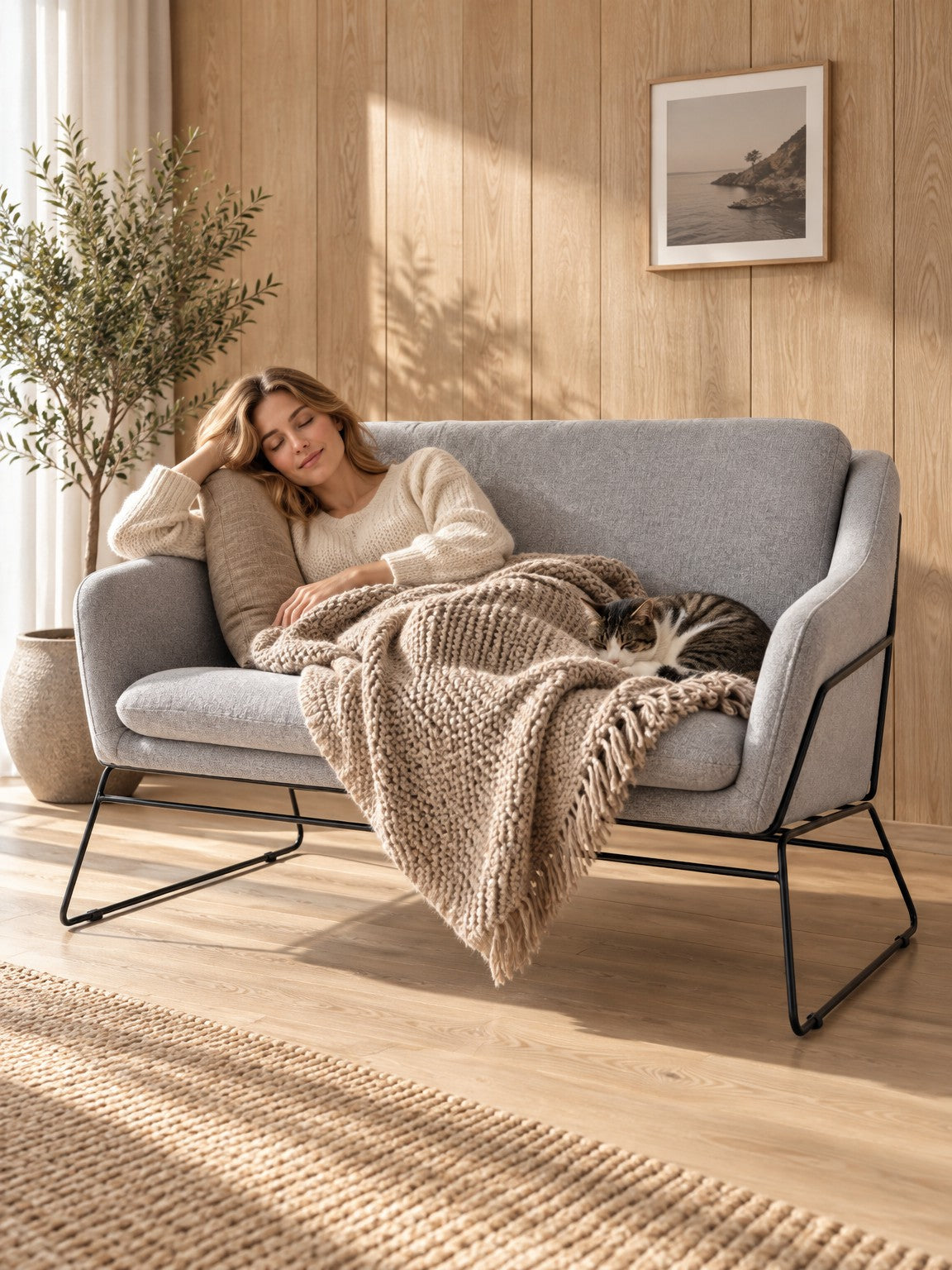 Sofa CHORI 125 cm XL - jasny popiel / czarny / tkanina - aranżacja