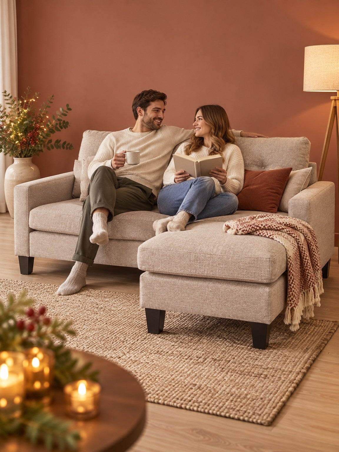Sofa LEDA 180 cm z podnóżkiem - beżowy / tkanina - aranżacja