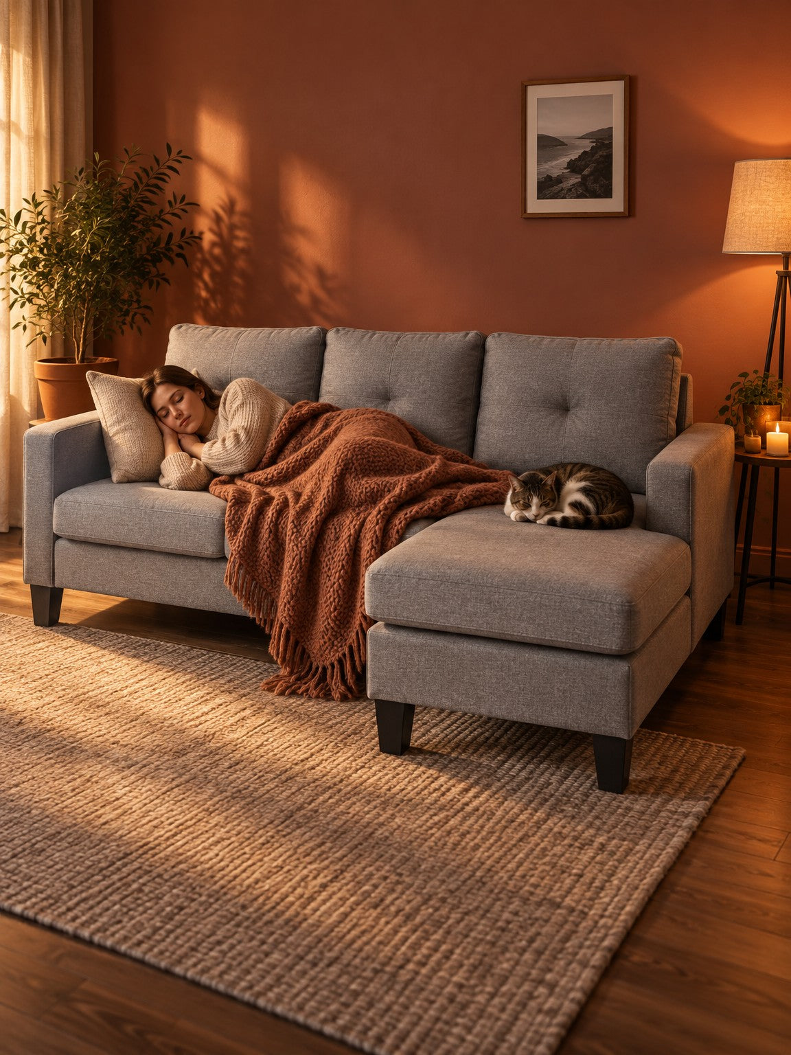 Sofa LEDA 180 cm z podnóżkiem - popielaty / tkanina - aranżacja