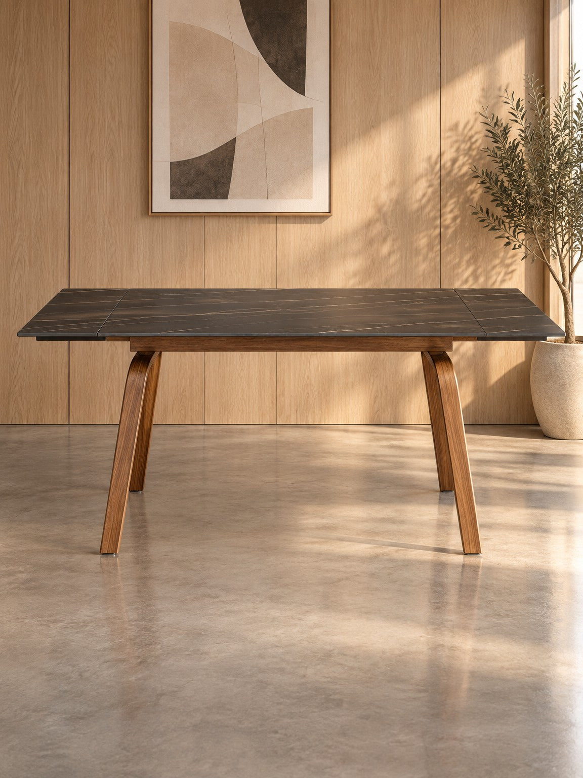 Stół BRAGI 140-200 cm - czarny marmur / orzechowy / spiek kwarcowy