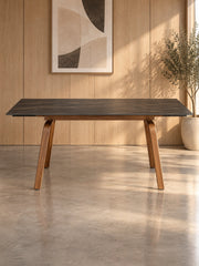 Stół BRAGI 140-200 cm - czarny marmur / orzechowy / spiek kwarcowy
