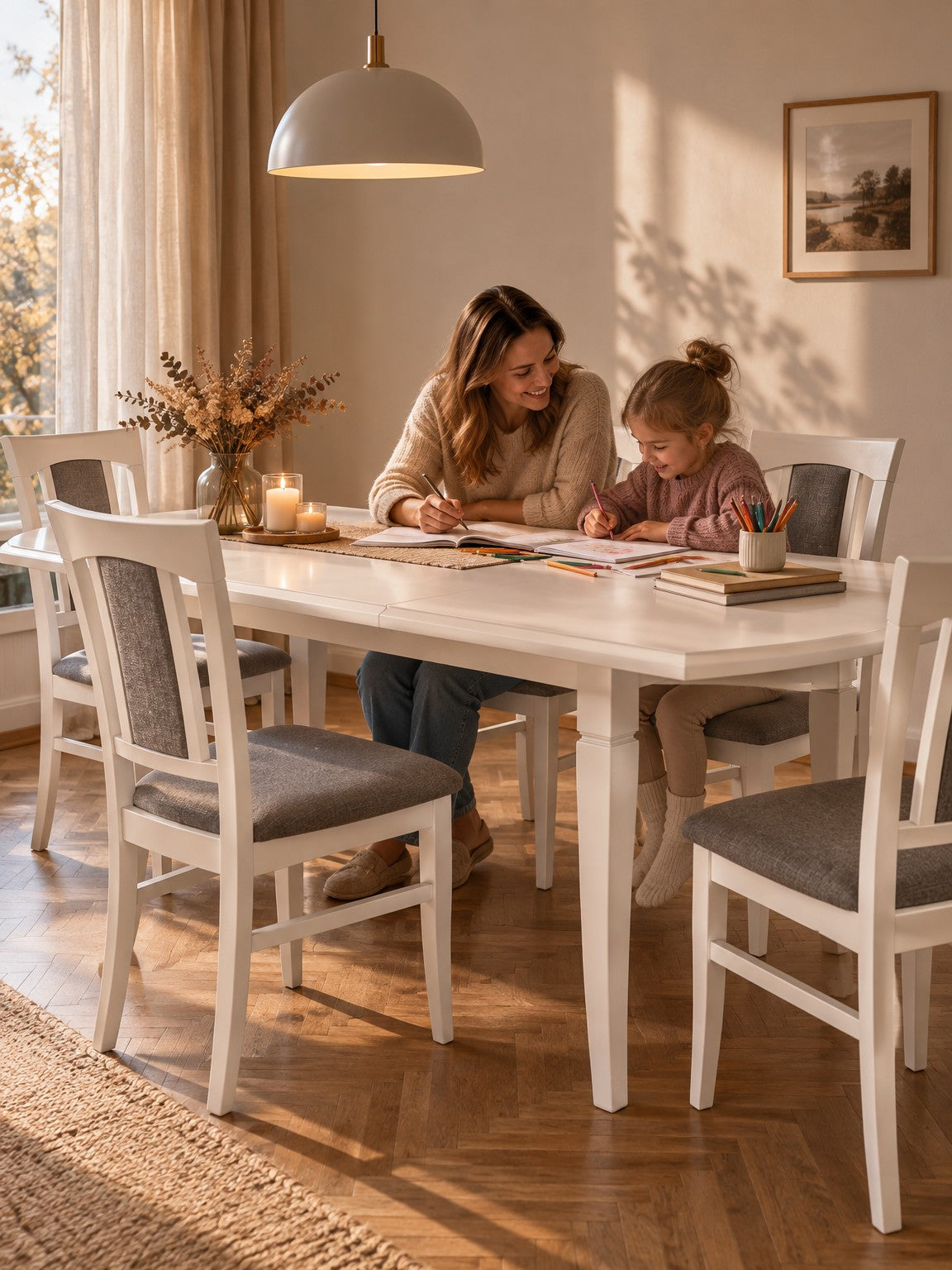 Stół URLI 160-240 cm - biały / lite drewno - aranżacja