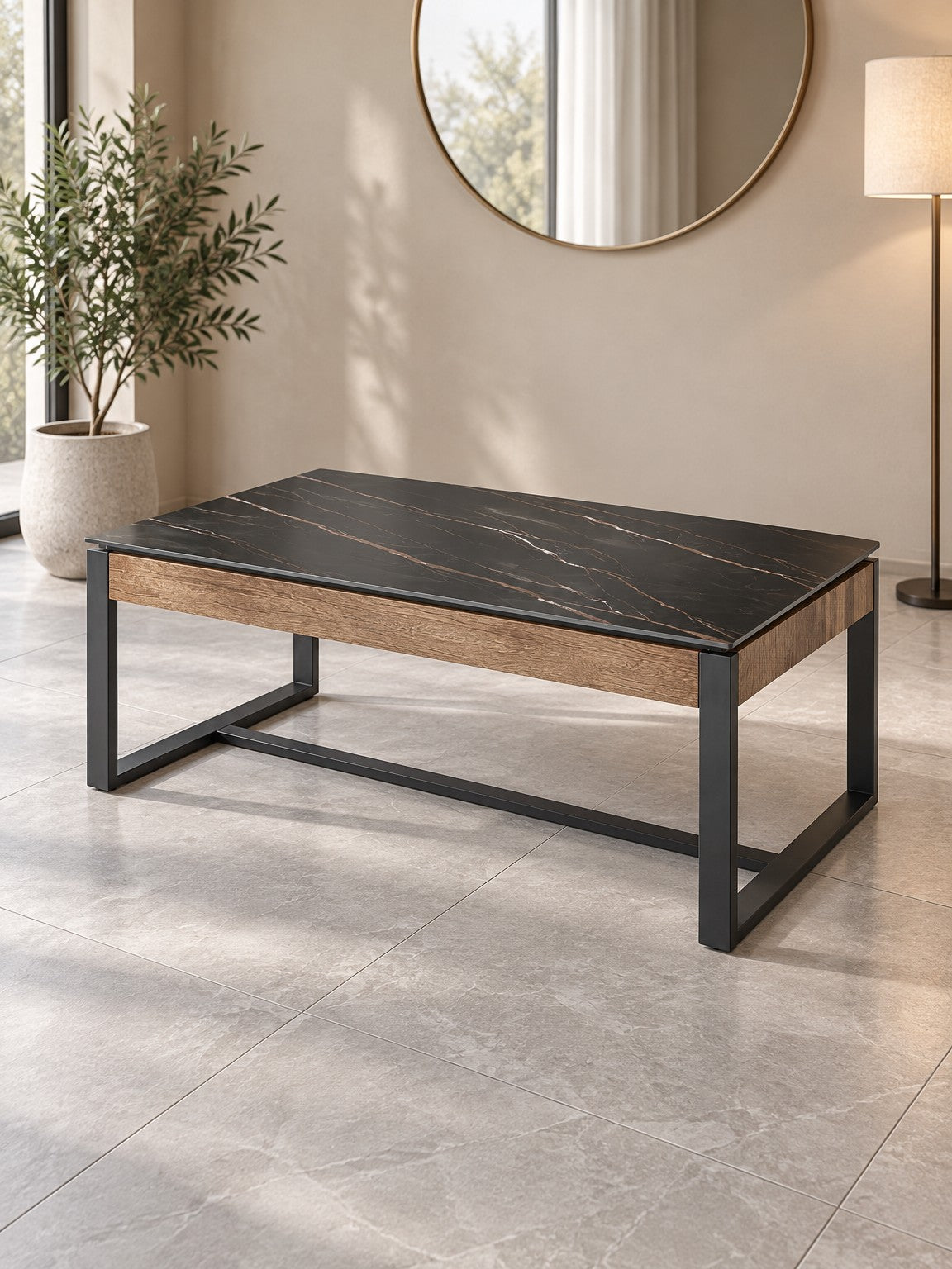 Stolik kawowy AMPI 121 cm - czarny marmur / orzechowy / spiek kwarcowy