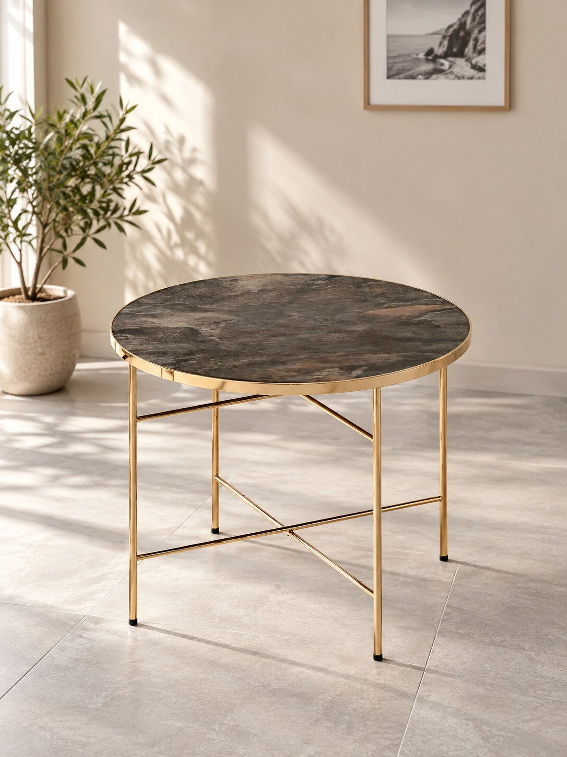 Stolik kawowy ANKA ø60 cm - marmur / złoty / metal