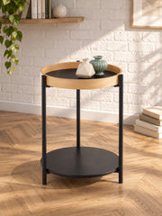 Stolik kawowy BARA ø44 cm - czarny / dąb naturalny / metal