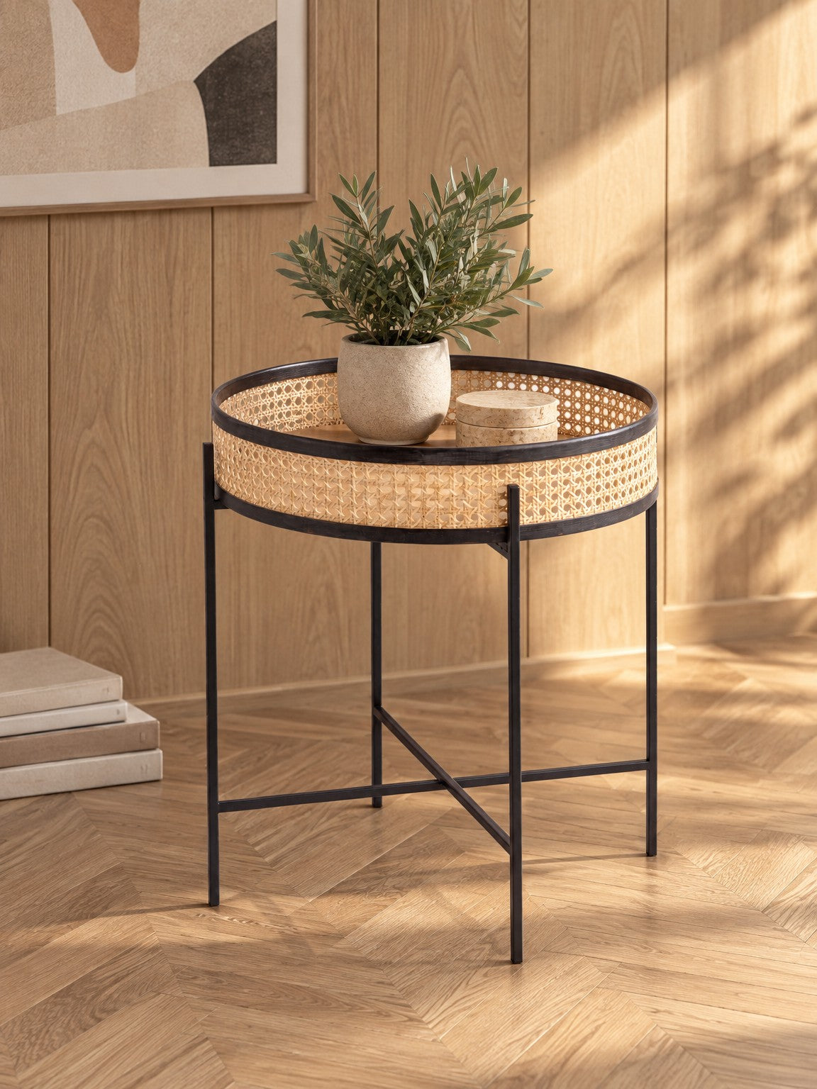 Stolik kawowy CHETI ø50 cm - brązowy / czarny / rattan