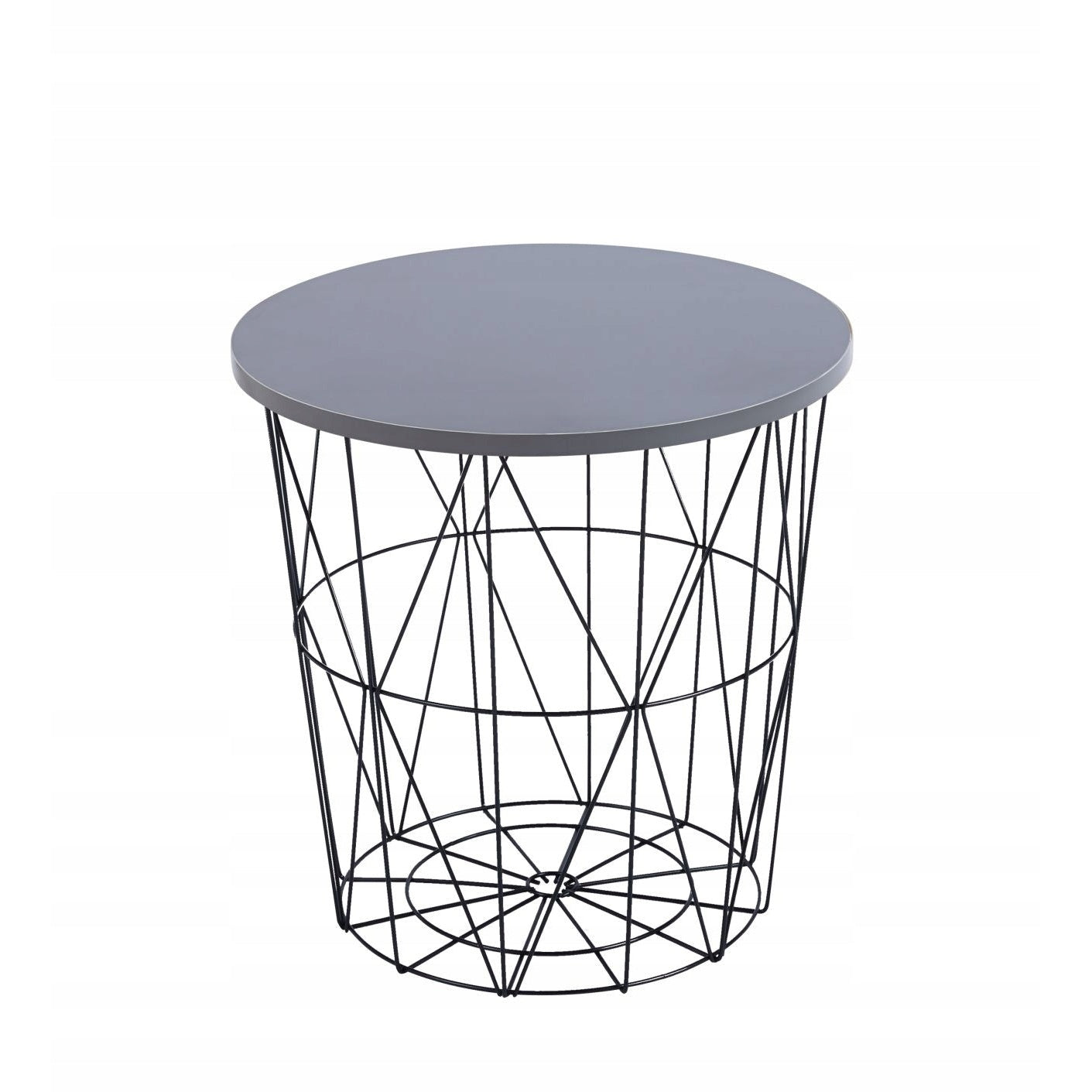 Stylowy stolik kawowy w formie kosza z szarym blatem i czarną metalową podstawą pełniącą funkcję schowka, średnica 42 cm