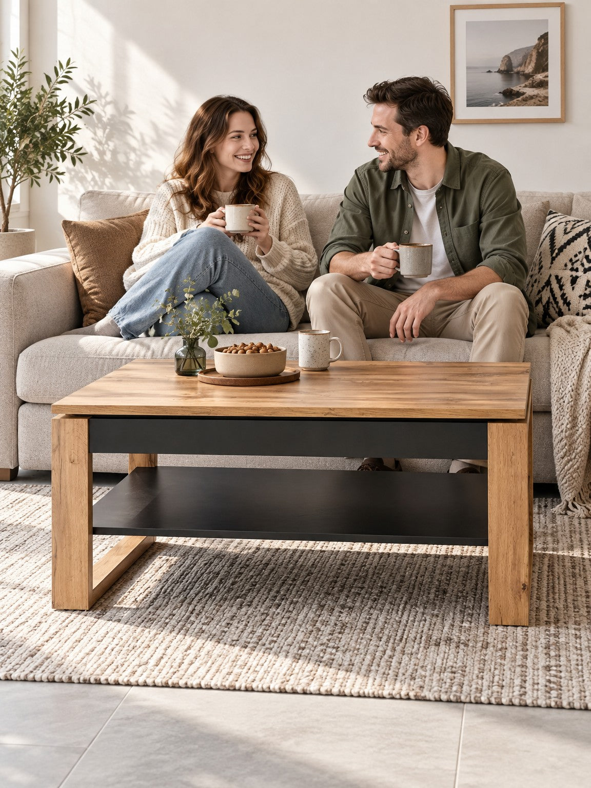 Stolik kawowy MOSA 120 cm z podnoszonym blatem - dąb artisan / czarny - aranżacja
