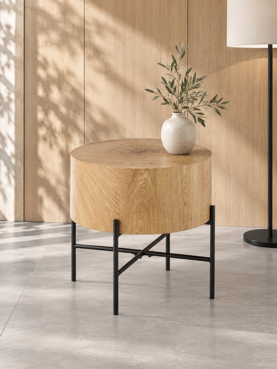 Stolik kawowy NILA ø45 cm - dąb naturalny / czarny / metal