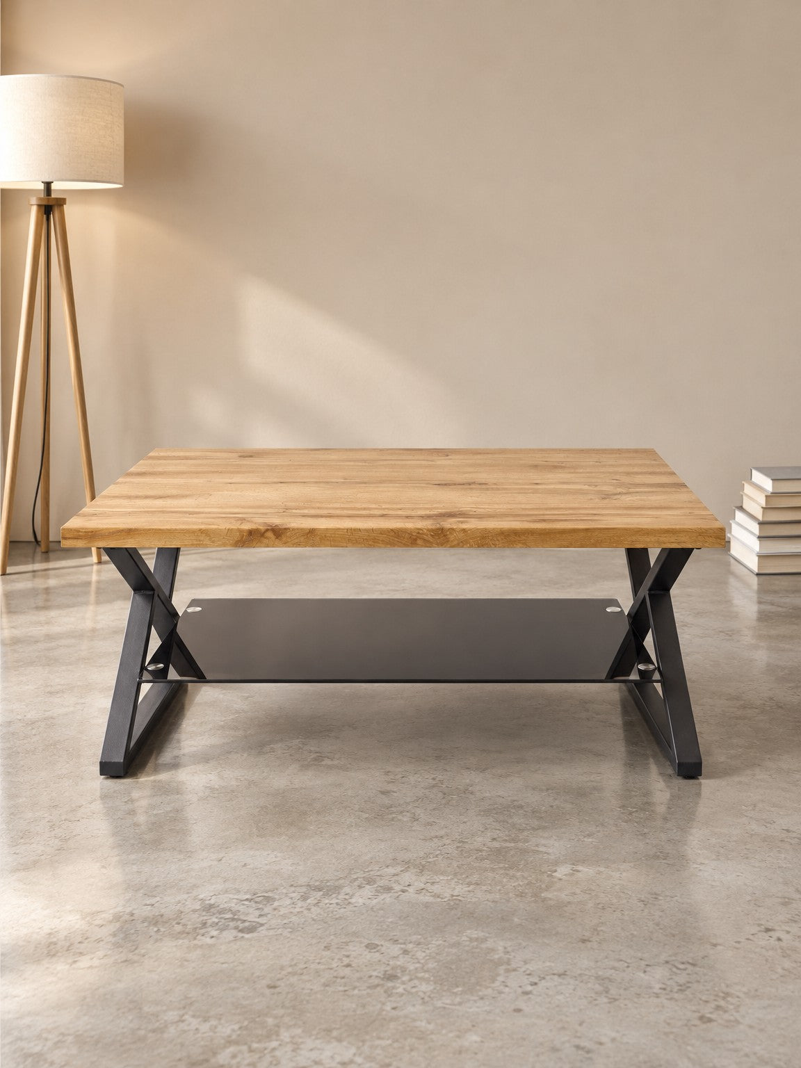 Stolik kawowy OMIZA 110 cm - dąb naturalny / czarny / metal