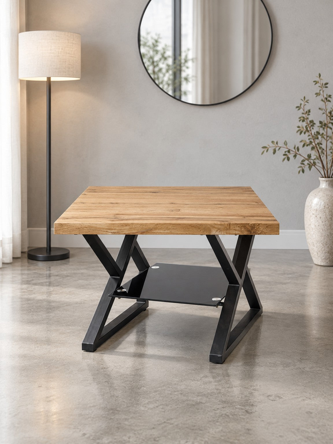 Stolik kawowy OMIZA 60 cm - dąb naturalny / czarny / metal