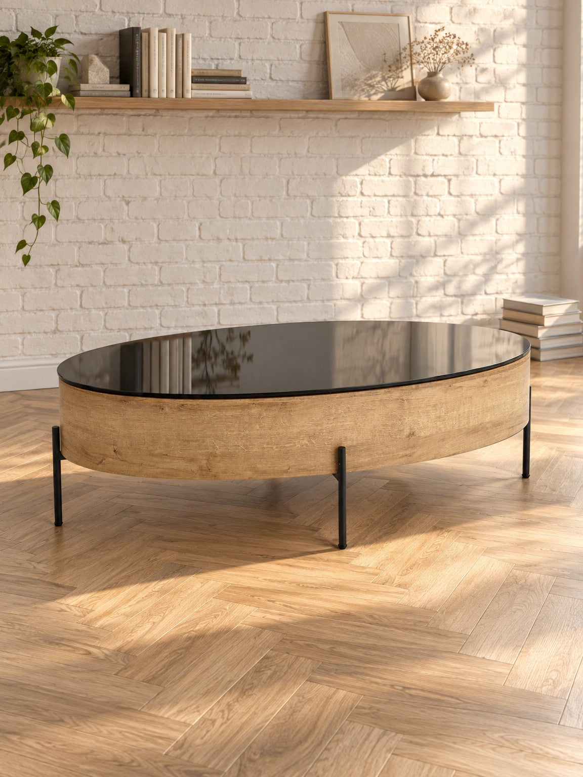 Stolik kawowy SOLUNA 120 cm - dąb złoty / czarny / metal