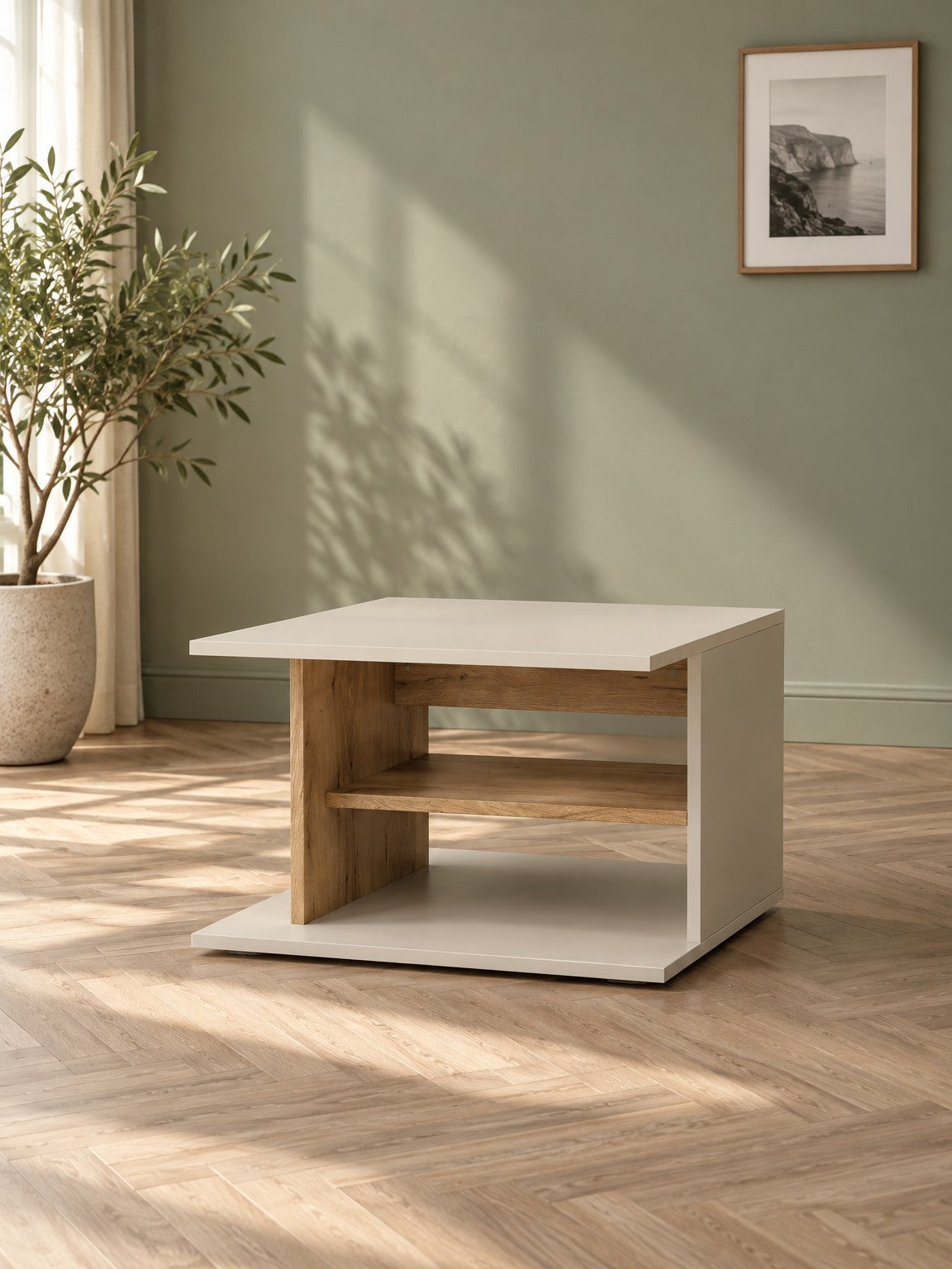 Stolik kawowy SURA 60 cm - beżowy / dąb naturalny