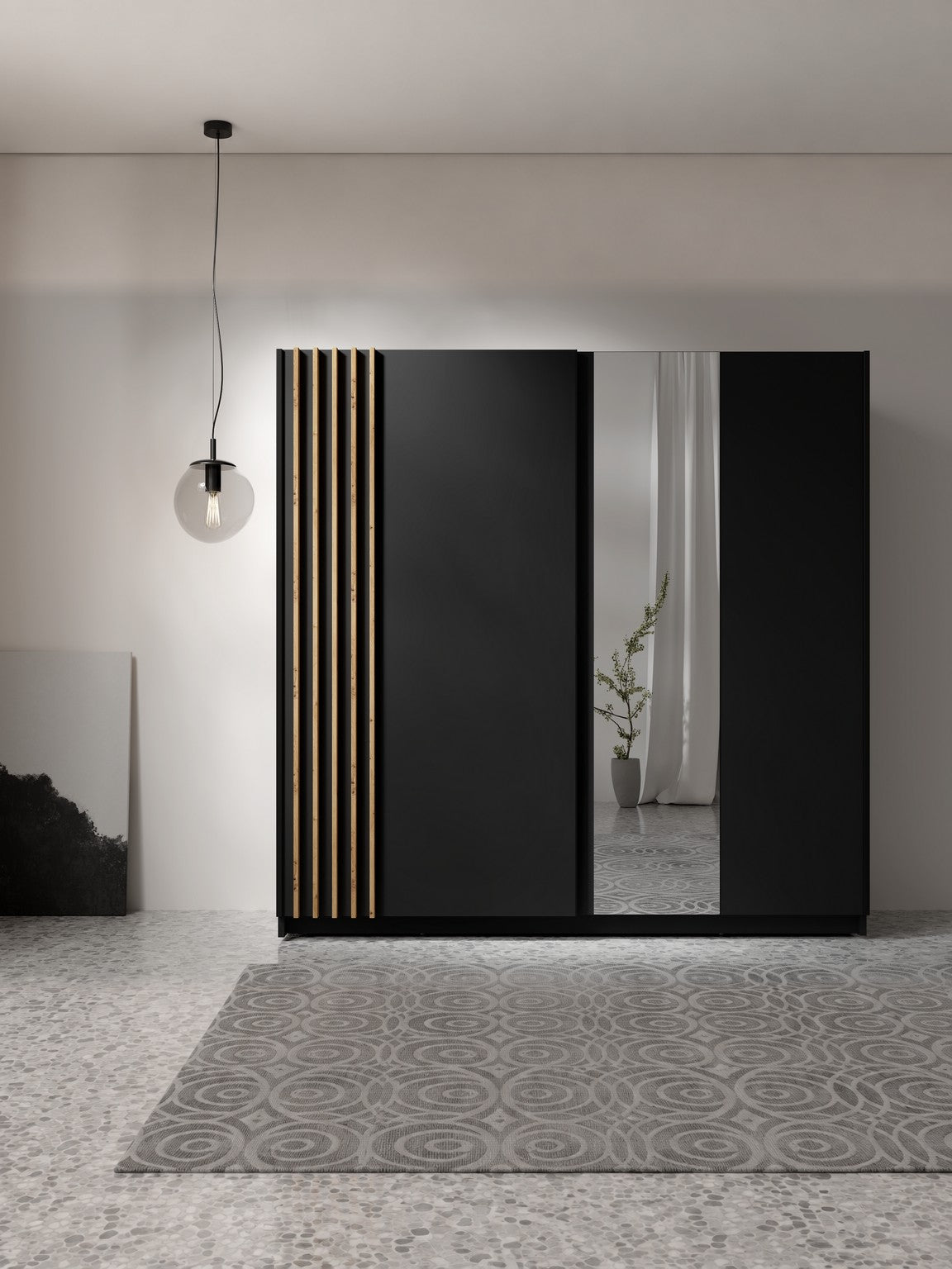 Szafa przesuwna AXION 200 cm z lustrem - Czarny / Dąb Artisan
