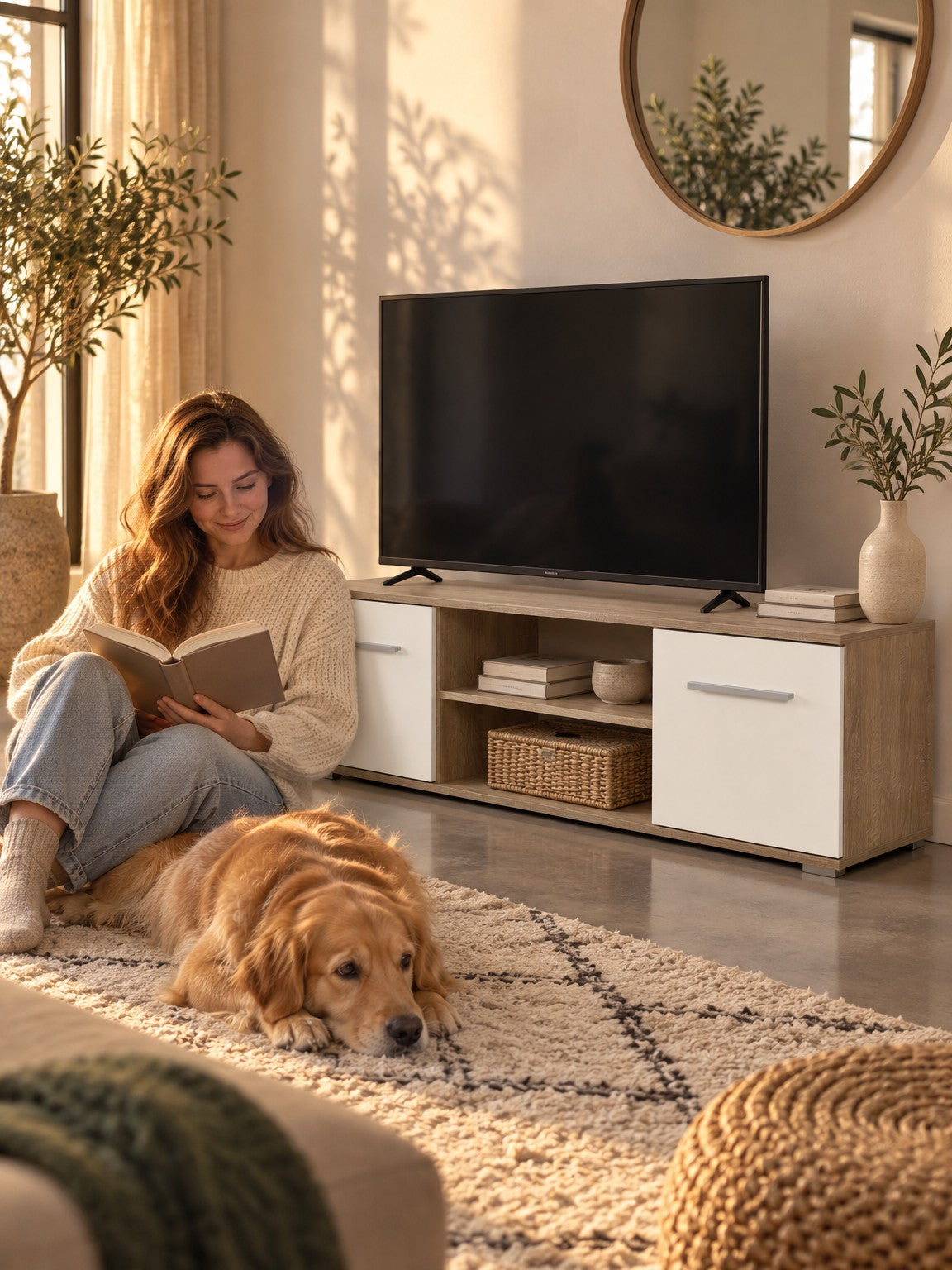 Szafka RTV ACHERNAR 137 cm RTV1 - dąb sonoma / biały - aranżacja