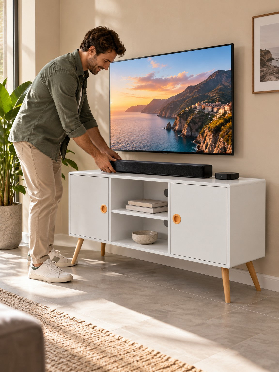 Szafka RTV CZAMA 120 cm RTV1 - biały / lite drewno - aranżacja