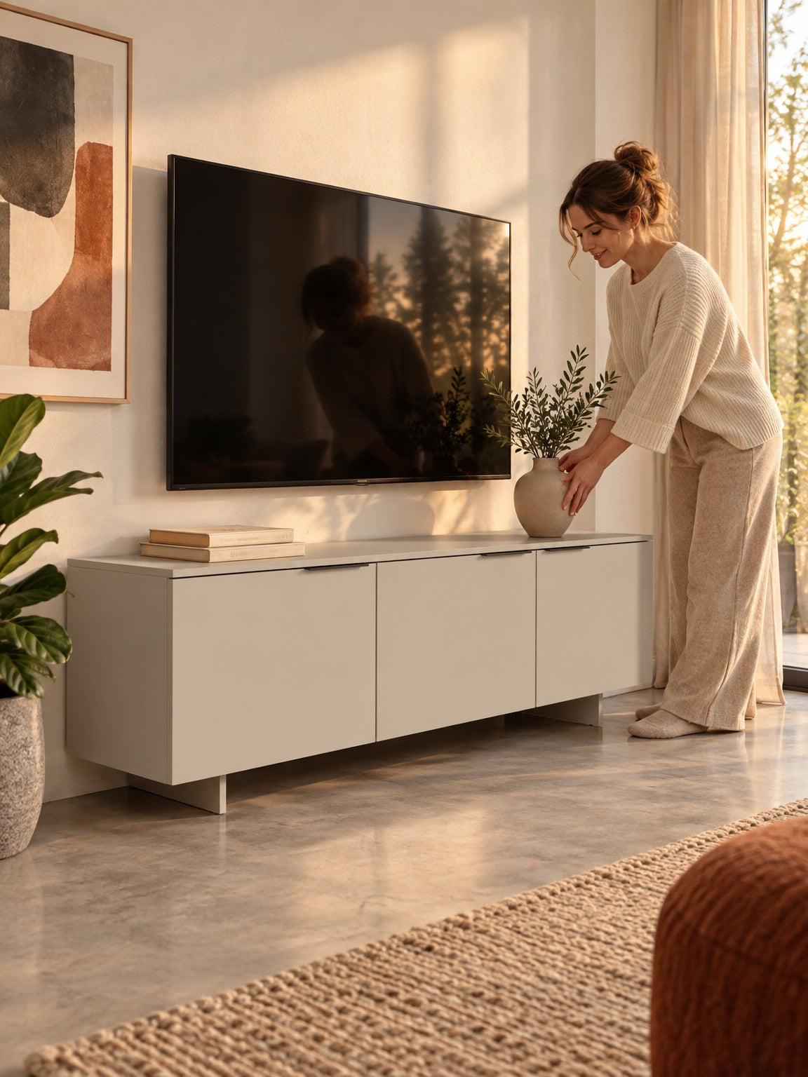 Szafka RTV ELWA 150 cm 3-drzwiowa - beżowy - aranżacja