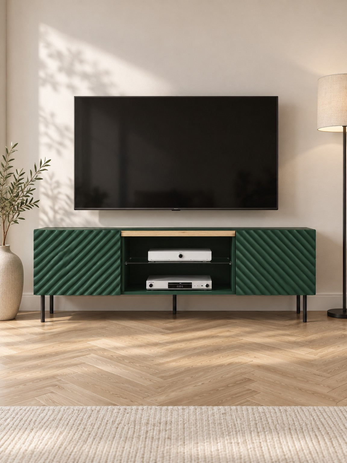 Szafka RTV FINA 180 cm z miejscem na kominek - ciemnozielony